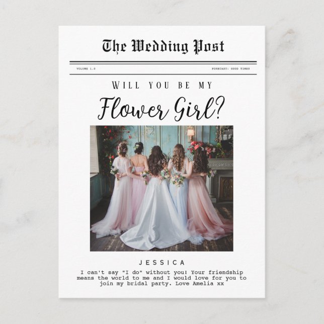Flower Girl proposal, Bridal Party Newspaper  Postcard (Front)