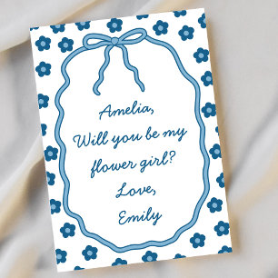 Flower Girl Proposal Custom Floral Bow Dusty Blue Card