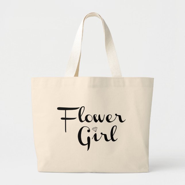 Flower Girl Retro Script Black on White Large Tote Bag (Front)