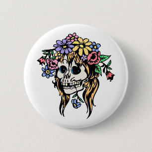 flower girl skull 6 cm round badge