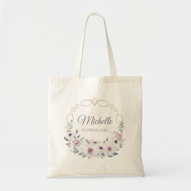 FLOWER GIRL Violet Rose Floral Wreath with NAME Tote Bag (Front)