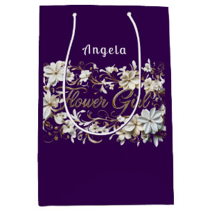 Flower Girl White Purple Gold  Medium Gift Bag