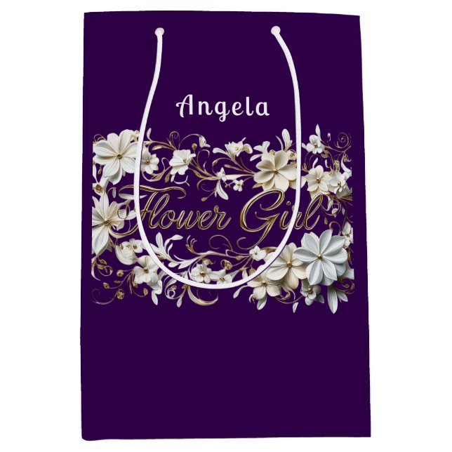 Flower Girl White Purple Gold  Medium Gift Bag (Front)