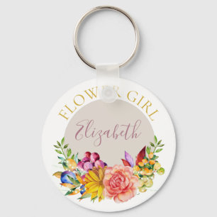 Flower Girl with Name Floral Bouquet Key Ring
