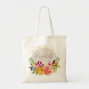Flower Girl with Name Floral Bouquet Tote Bag
