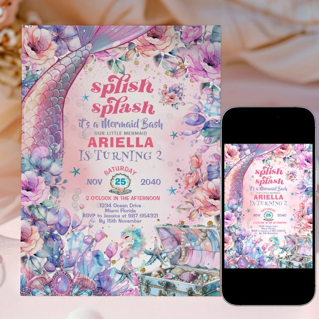 Flower Glitter Mermaid Tail 2nd Birthday  Invitation (Creator Uploaded)