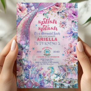 Flower Glitter Mermaid Tail 3rd Birthday  Invitation