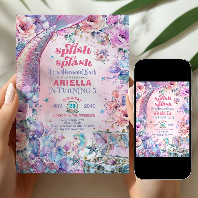 Flower Glitter Mermaid Tail 3rd Birthday  Invitation (Creator Uploaded)