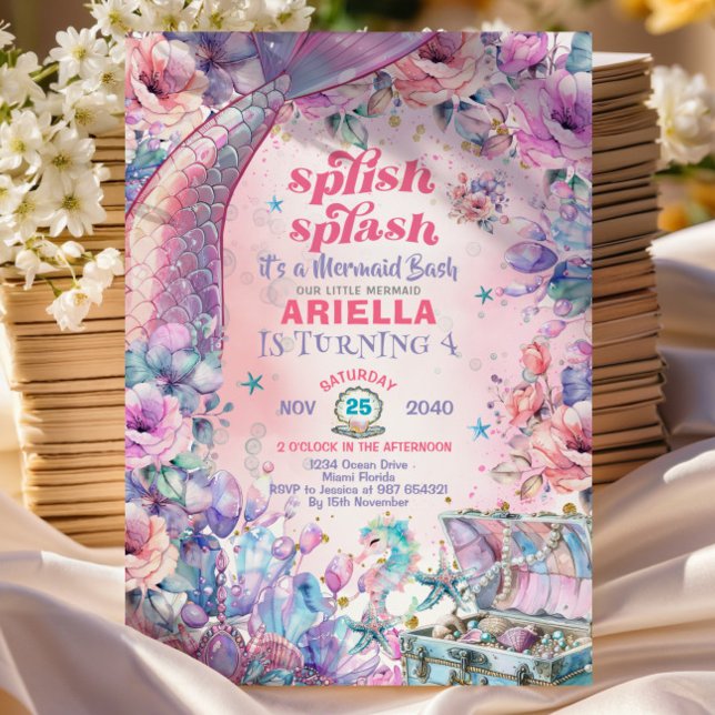 Flower Glitter Mermaid Tail 4th Birthday  Invitation (Creator Uploaded)