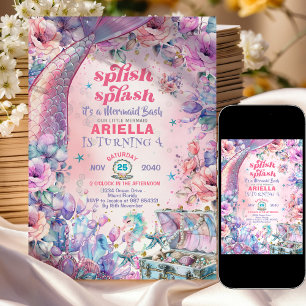 Flower Glitter Mermaid Tail 4th Birthday Invitation