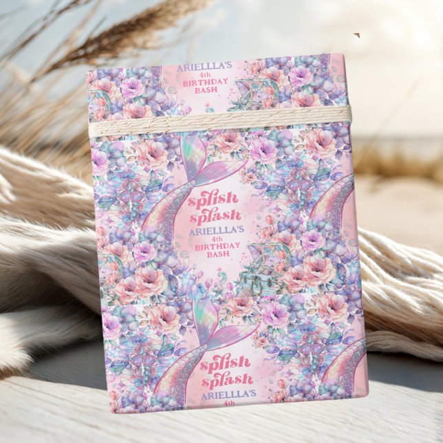 Flower Glitter Mermaid Tail 4th Birthday Wrapping Paper (Creator Uploaded)