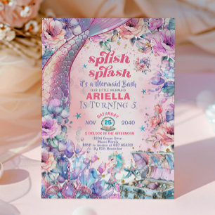 Flower Glitter Mermaid Tail 5th Birthday  Invitation