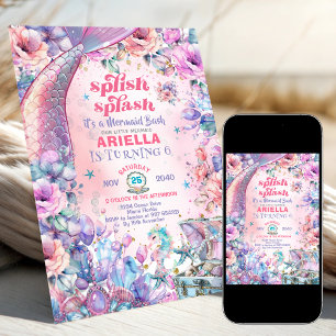 Flower Glitter Mermaid Tail 6th Birthday Invitation