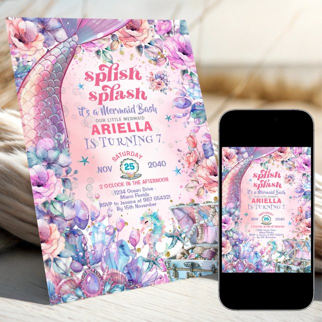 Flower Glitter Mermaid Tail 7th Birthday  Invitation (Creator Uploaded)