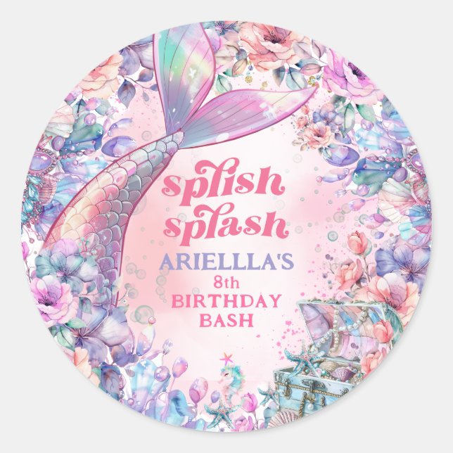Flower Glitter Mermaid Tail 8th Birthday Classic Round Sticker (Front)