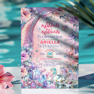 Flower Glitter Mermaid Tail 8th Birthday Invitation