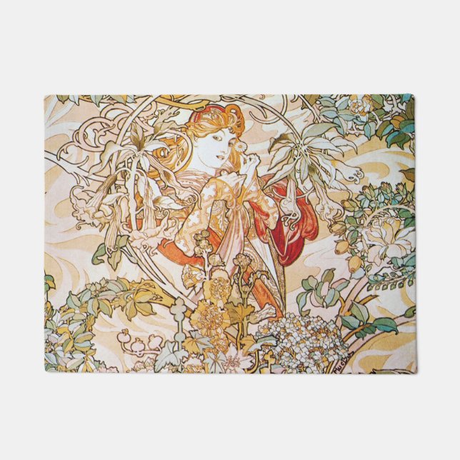 Flower Goddess Art Nouveau Artwork by Alphons Much Doormat (Front)