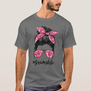 Flower Grams Life Messy Bun Hair Glasses Pink Moth T-Shirt