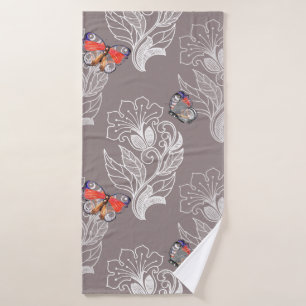 Flower graphic and butterfly, watercolor, pattern  bath towel