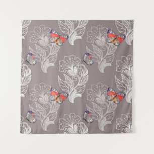 Flower graphic and butterfly, watercolor, pattern tapestry