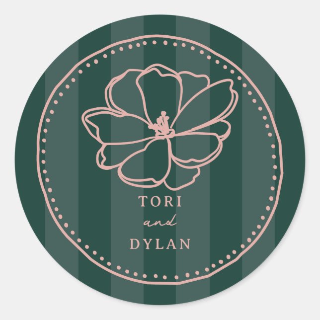 Flower Green Stripe Wedding Classic Round Sticker (Front)