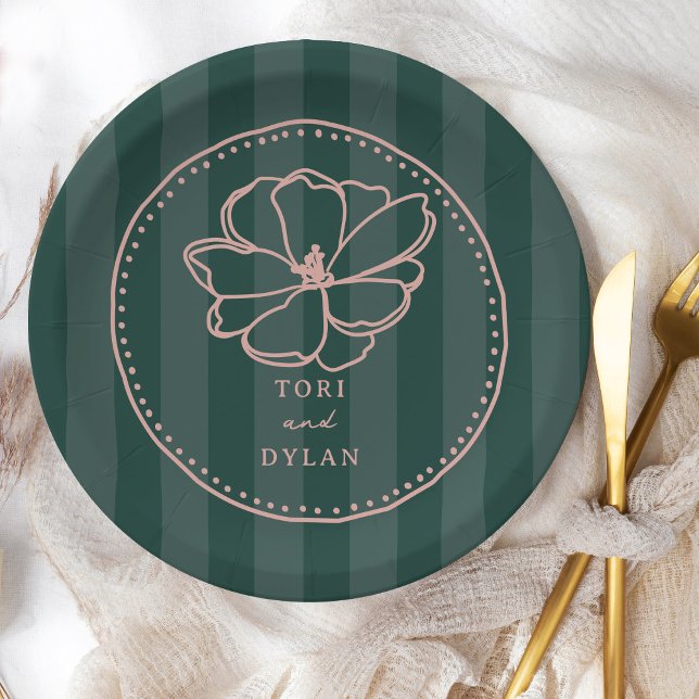 Flower Green Stripe Wedding Paper Plate (Creator Uploaded)