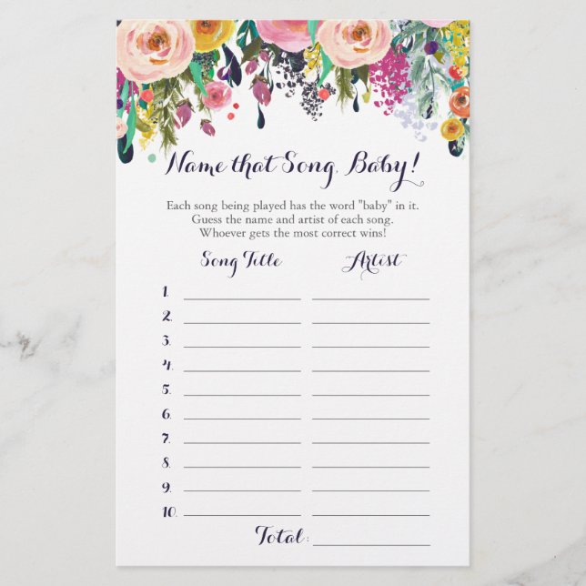 Flower Guess the Baby Song Baby Shower Game (Front)