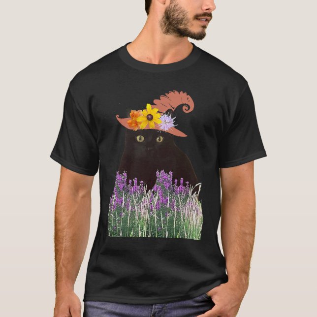 Flower Hat and Black Kitty Cat T-Shirt (Front)