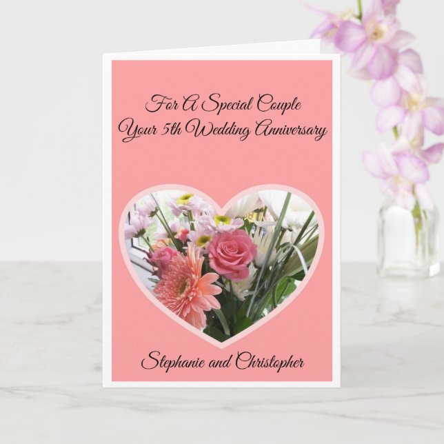 Flower Heart Personalised 5th Wedding Anniversary Card (Orchid)