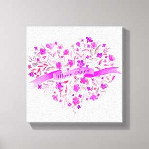 Flower heart pink purple name watercolor art canvas print