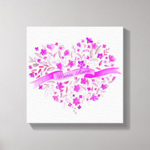 Flower heart pink purple name watercolor art canvas print