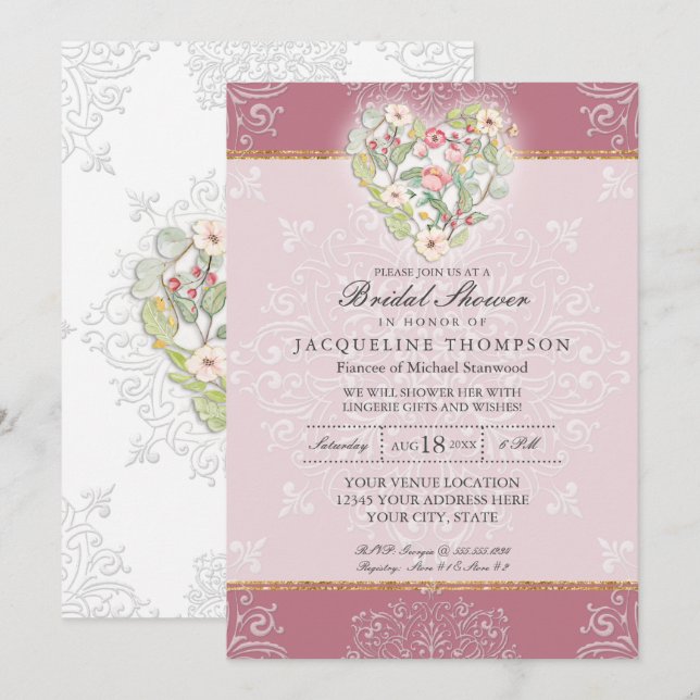 Flower Heart w Lace Dusty Berry Pink Bridal Shower Invitation (Front/Back)
