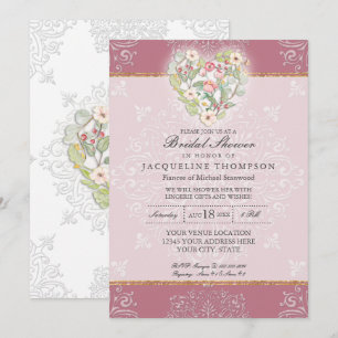 Flower Heart w Lace Dusty Berry Pink Bridal Shower Invitation