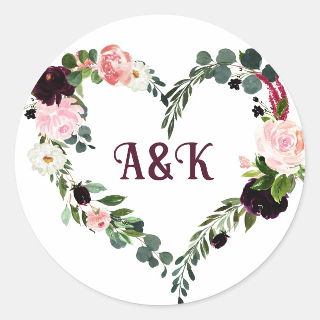 Flower hearth wreath MONOGRAMM boho burgundy   Classic Round Sticker (Front)