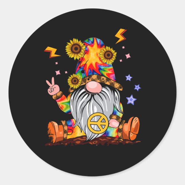 Flower Hippie Gnome Tie Dye Gnome Peace Sign Gnome Classic Round Sticker (Front)