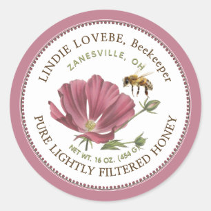 Flower Honey Label with Pink Flower and Bee