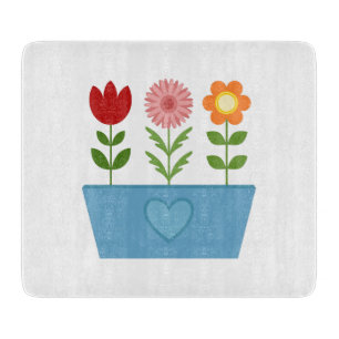 Flower Illustrations in a Blue Window Box Canvas P Cutting Board