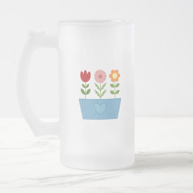 Flower Illustrations in a Blue Window Box Canvas P Frosted Glass Beer Mug (Left)