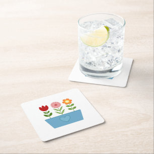 Flower Illustrations in a Blue Window Box Canvas P Square Paper Coaster