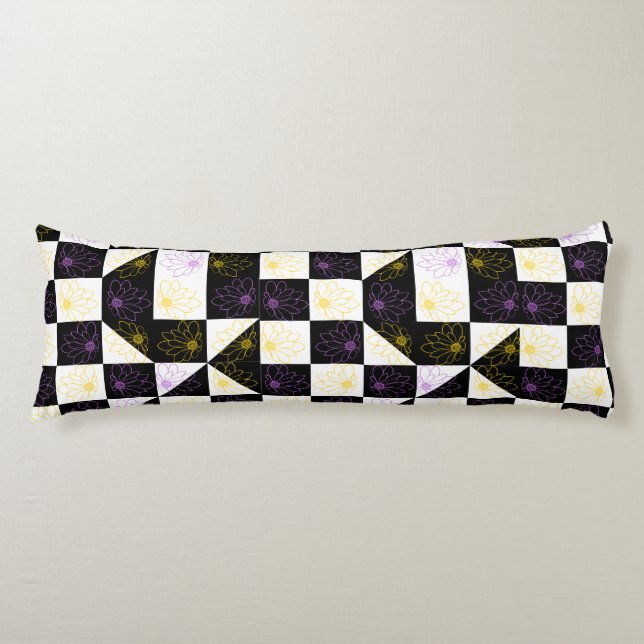 flower in Monochrome Aesthetic Chequered pattern Body Cushion (Front)