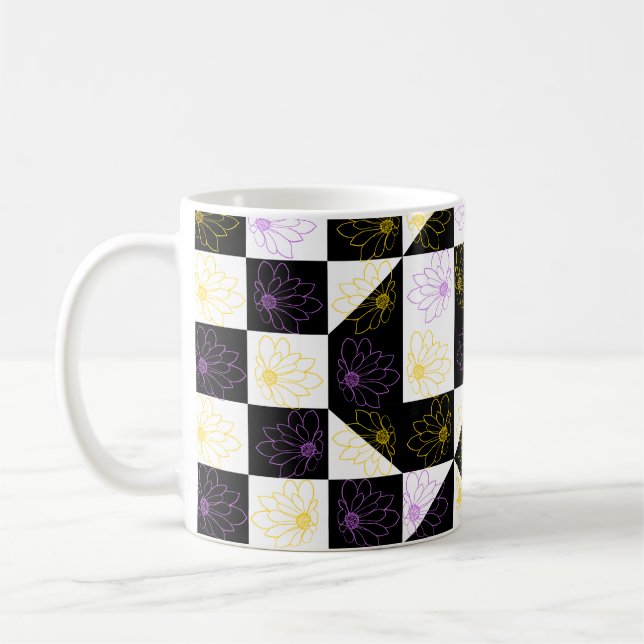 flower in Monochrome Aesthetic Chequered pattern Coffee Mug (Left)