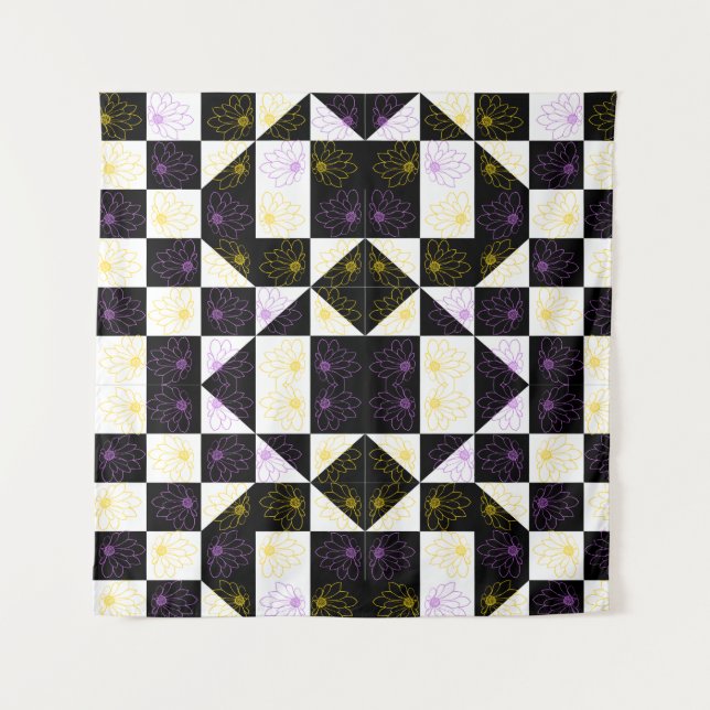 flower in Monochrome Aesthetic Chequered pattern Tapestry (Front)