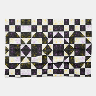 flower in Monochrome Aesthetic Chequered pattern Tea Towel