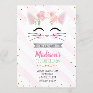 Flower kitty cat birthday invitation
