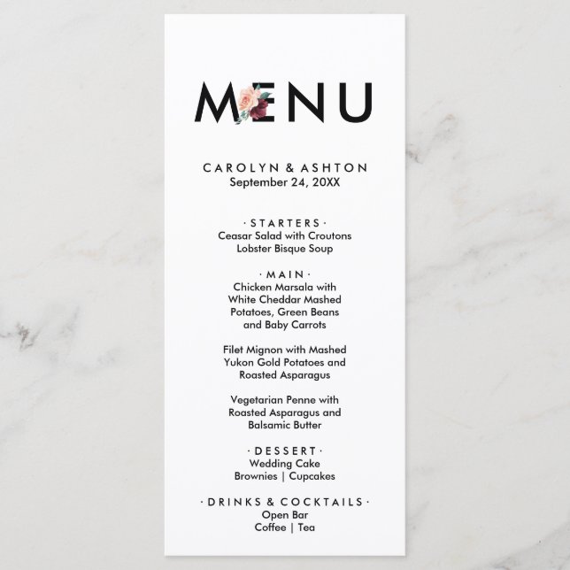 Flower Lettering | Maroon Dinner Menu Card (Front)