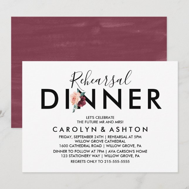 Flower Lettering | Maroon Rehearsal Dinner Invitation (Front/Back)