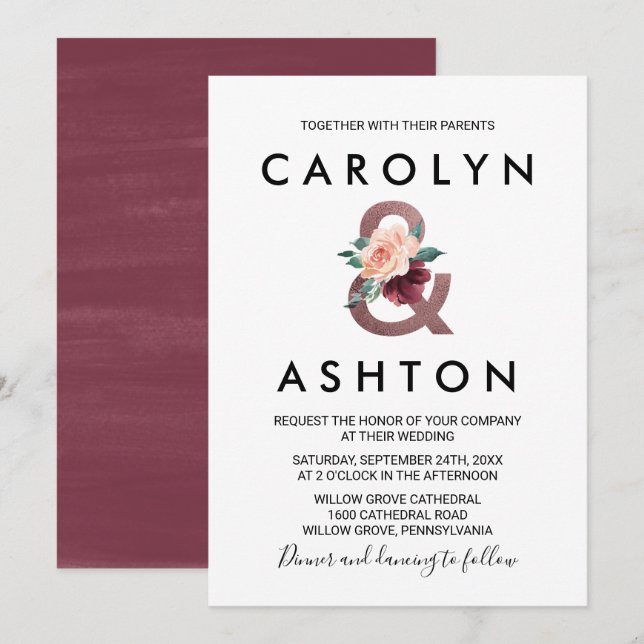 Flower Lettering | Maroon Rose Gold Wedding Invitation (Front/Back)