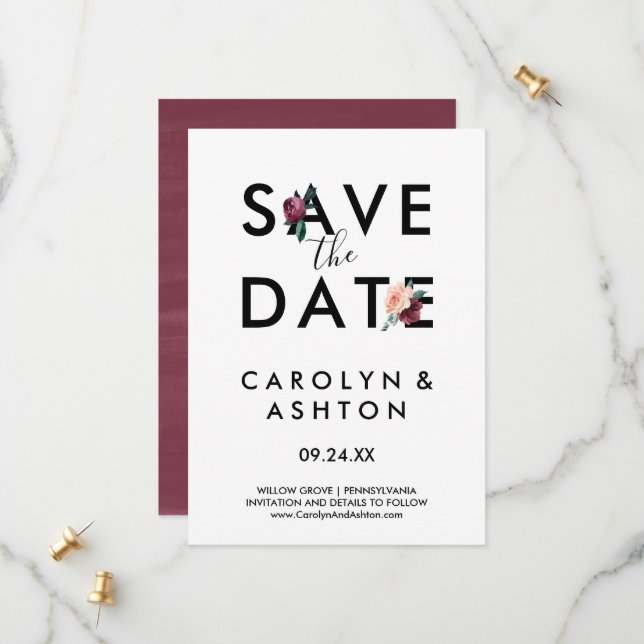 Flower Lettering | Maroon Save the Date Card (Front/Back In Situ)