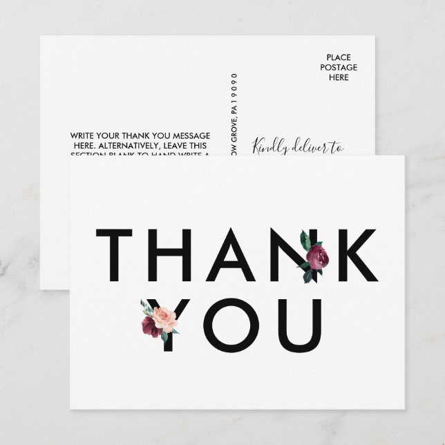 Flower Lettering | Maroon Thank You Postcard (Front/Back)