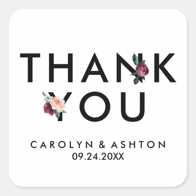 Flower Lettering | Maroon Thank You Wedding Favour Square Sticker (Front)